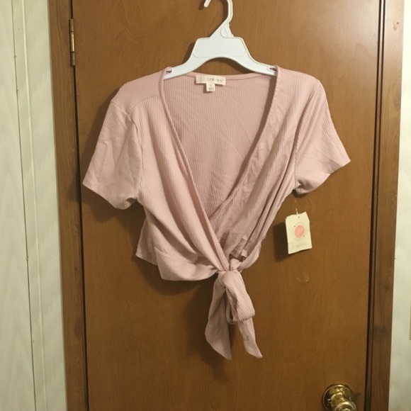 Timing Tops - Pink Ribbed Cropped Short Sleeve Wrap Tie Waist Shirt  XL